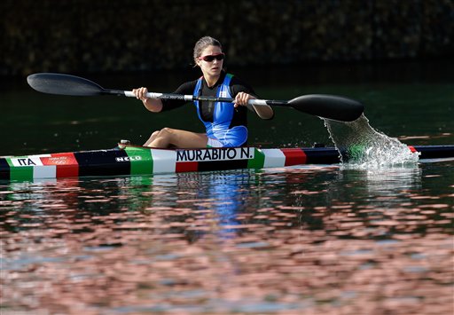 Italy's Norma Murabito trains for the women's kayak single 200m race in Eton Dorney, near Windsor, England, at the 2012 Summer Olympics, Thursday, Aug. 9, 2012. (AP Photo/Armando Franca)